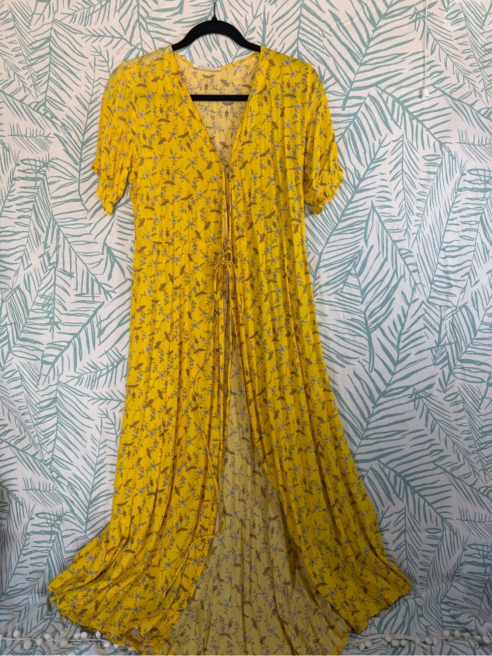 Yellow Floral Maxi Duster with Tie Front